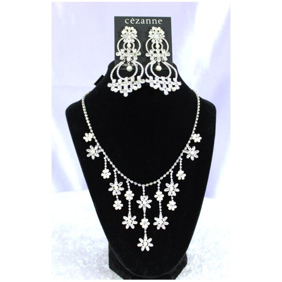 Cézanne Silver-Tone Rhinestone Floral Necklace & Chandelier Earring Set NWT - Picture 1 of 5